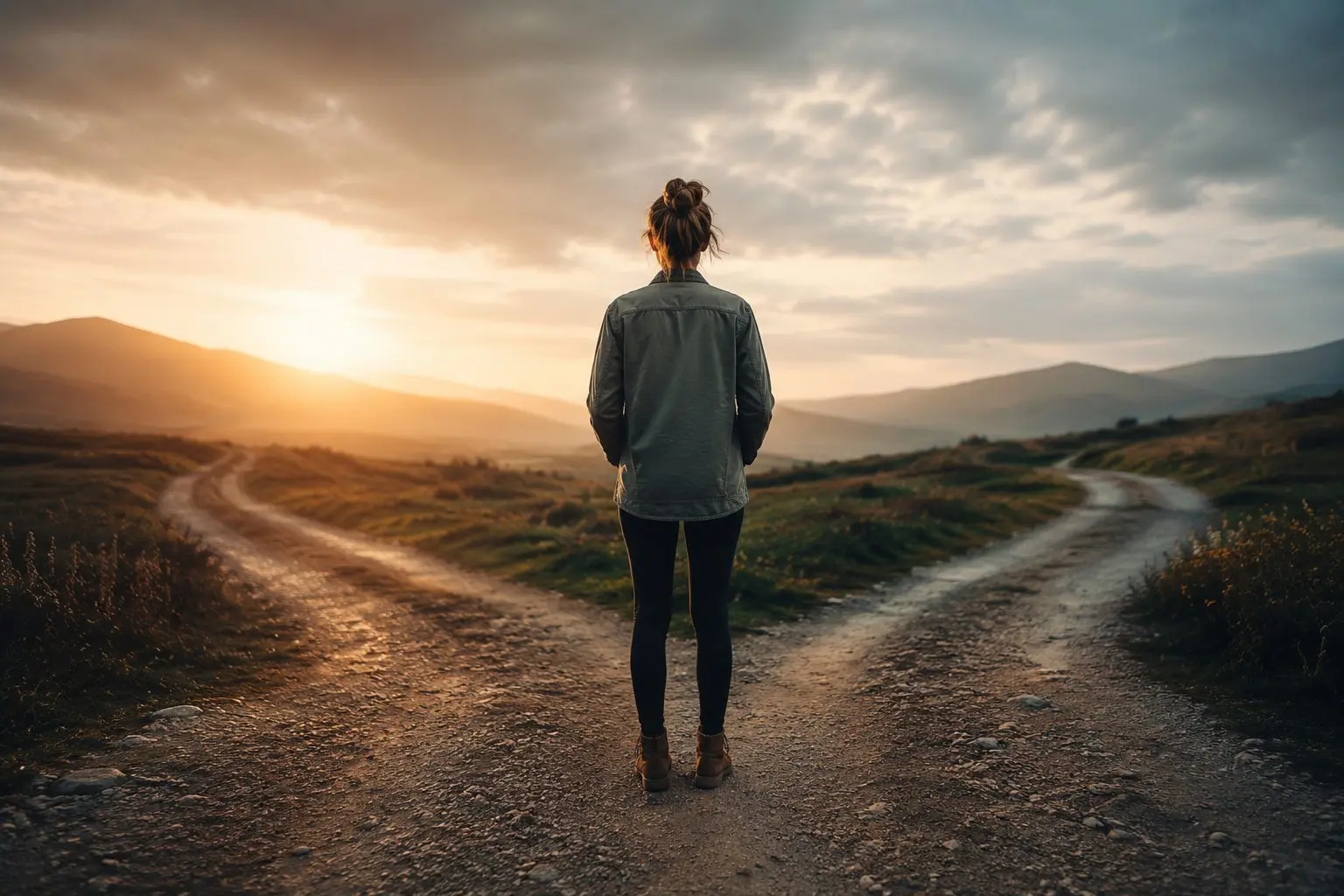 woman standing at two paths