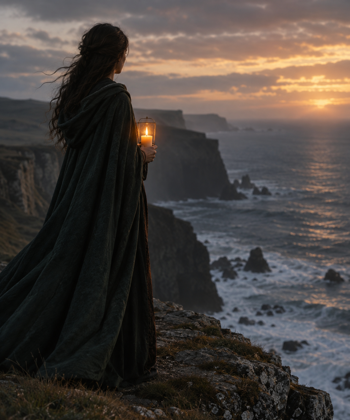 woman holding candle standing by cliff over sea