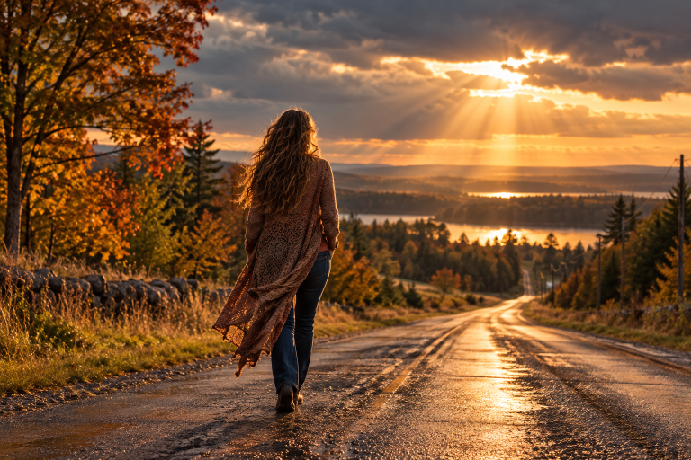 woman walking down the road towards the light