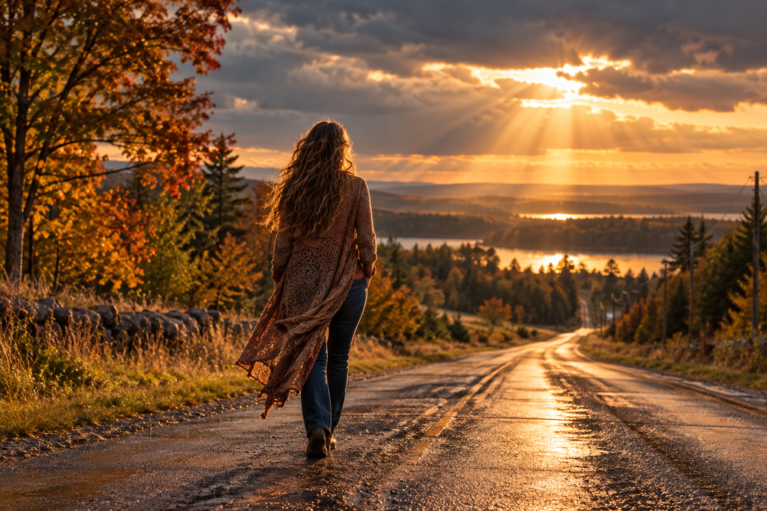 woman walking down the road towards the light