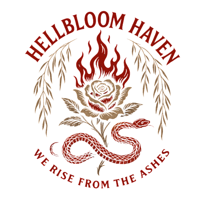 A gothic logo featuring a flaming rose entwined by a red serpent, framed by willow branches, with the words "Hellbloom Haven" above and the tagline "We Rise From the Ashes" below in bold red gothic lettering.