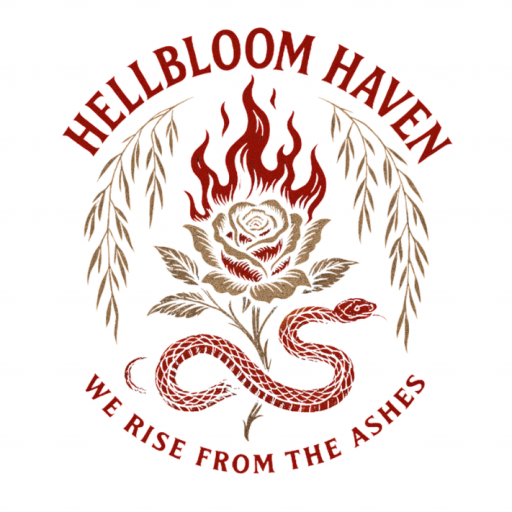 A gothic logo featuring a flaming rose entwined by a red serpent, framed by willow branches, with the words "Hellbloom Haven" above and the tagline "We Rise From the Ashes" below in bold red gothic lettering.