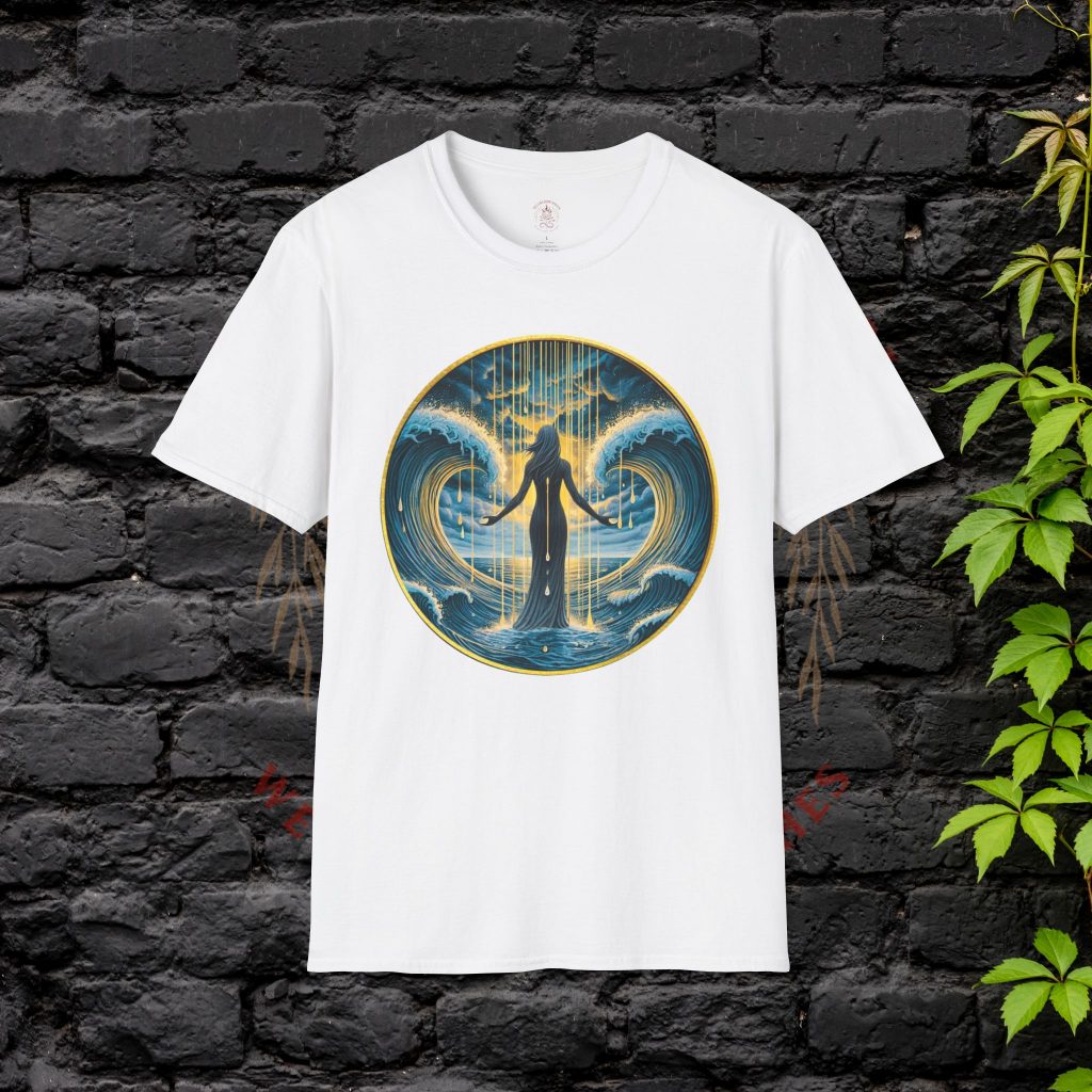 White t-shirt with blue circular symbol design