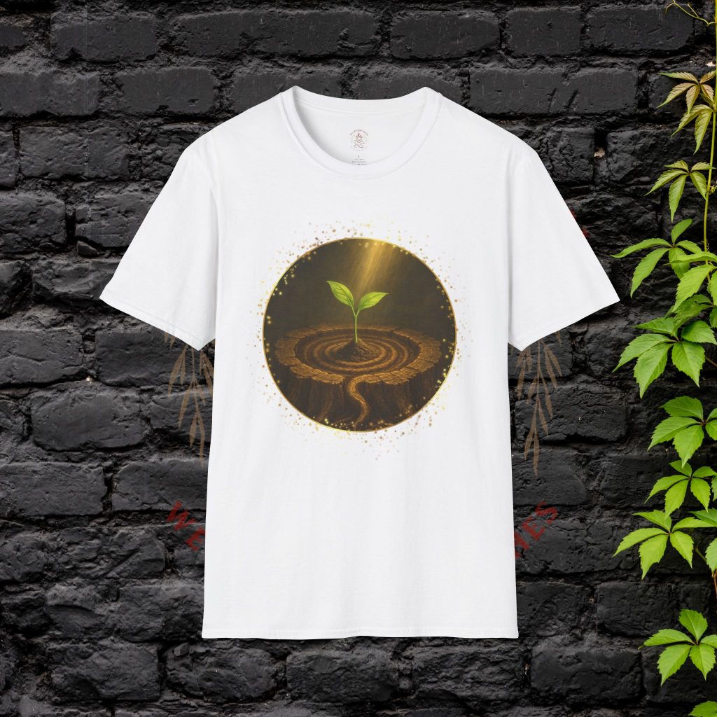 White t-shirt with glowing seed symbol design