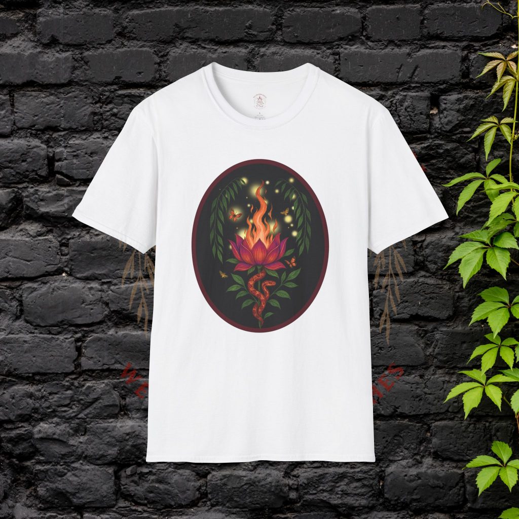 White t-shirt with glowing floral mandala design