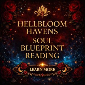 Promotional graphic for Hellbloom Haven’s “Soul Blueprint Reading” featuring a dark celestial background in black, deep red, and midnight blue. Gold text reads “Hellbloom Havens Soul Blueprint Reading” with a glowing gold emblem above. Red roses frame the sides, stars and cosmic light fill the center, and an ornate black and gold “Learn More” button with roses sits at the bottom, creating a mystical, romantic, gothic-style aesthetic.