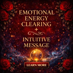 Promotional graphic for “Emotional Energy Clearing + Intuitive Message” with a dark celestial background in deep red, black, and midnight blue. Gold text reads “Emotional Energy Clearing + Intuitive Message.” Red roses frame the corners, stars sparkle across the sky, and swirling mist rises around a glowing golden crystal ball at the bottom center. Beneath the crystal ball is a simple gold “Learn More” button, giving the design a mystical, magical, and calming aesthetic.