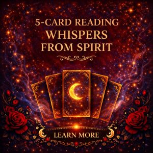 Promotional graphic for “5-Card Reading – Whispers From Spirit” with a dark celestial background in deep red, black, and midnight blue, filled with glowing stars and swirling mist. Gold text reads “5-Card Reading – Whispers From Spirit.” Five ornate tarot cards fan out in the center, with the middle card showing a glowing crescent moon. Red roses frame the lower corners, and an ornate black and gold “Learn More” button sits at the bottom, creating a mystical, romantic, and spiritual aesthetic.