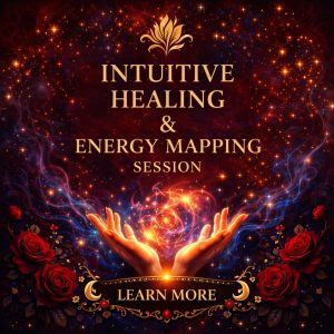 Promotional graphic for “Intuitive Healing & Energy Mapping Session” with a dark celestial background in deep red, black, and midnight blue, filled with glowing stars and swirling mist. Gold text reads “Intuitive Healing & Energy Mapping Session” with a decorative gold emblem above. At the bottom, two glowing hands hold a bright orb of light, symbolizing healing energy. Red roses frame the corners, and an ornate black and gold “Learn More” button sits below, creating a mystical and empowering aesthetic.