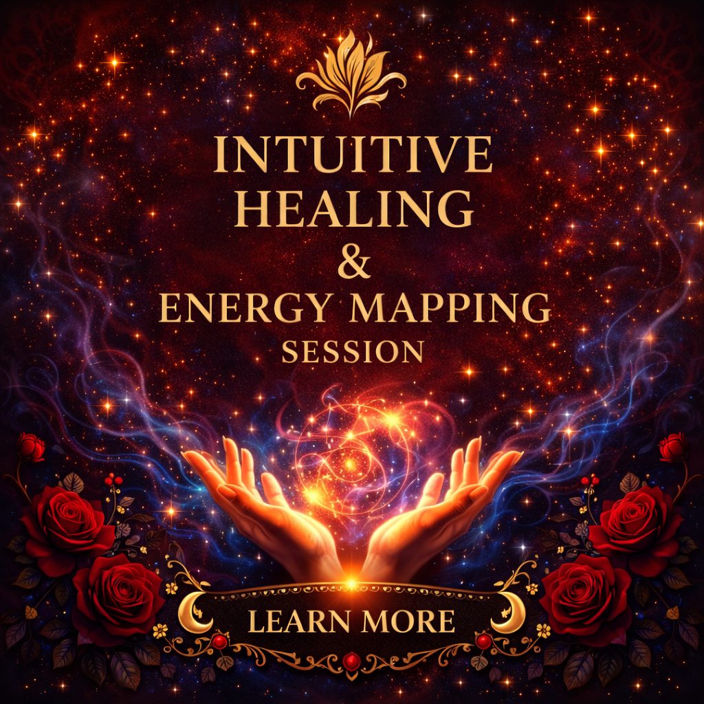 Promotional graphic for “Intuitive Healing & Energy Mapping Session” with a dark celestial background in deep red, black, and midnight blue, filled with glowing stars and swirling mist. Gold text reads “Intuitive Healing & Energy Mapping Session” with a decorative gold emblem above. At the bottom, two glowing hands hold a bright orb of light, symbolizing healing energy. Red roses frame the corners, and an ornate black and gold “Learn More” button sits below, creating a mystical and empowering aesthetic.