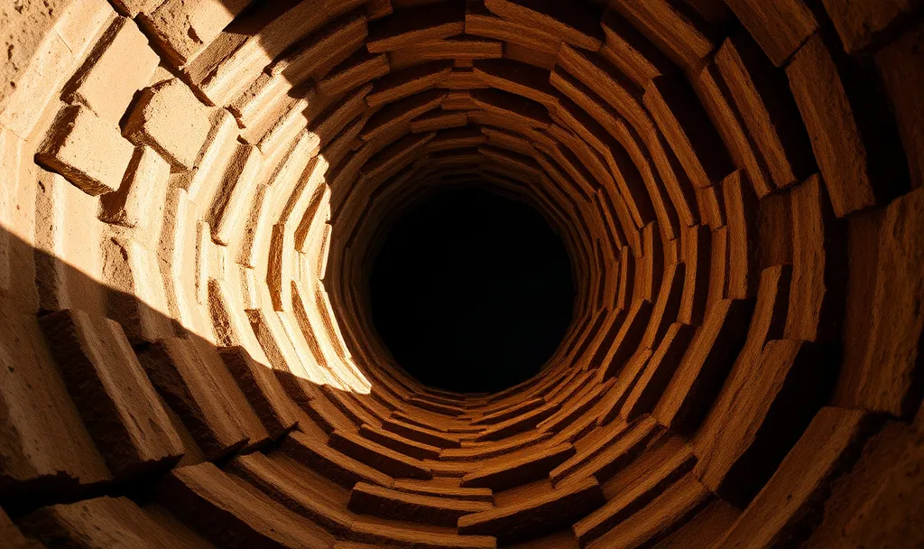 | This Too Shall Pass, And Until It Does, I Am Grateful Looking down into a deep circular stone tunnel made of stacked bricks, with warm sunlight hitting part of the wall and darkness at the center, creating a feeling of depth and mystery