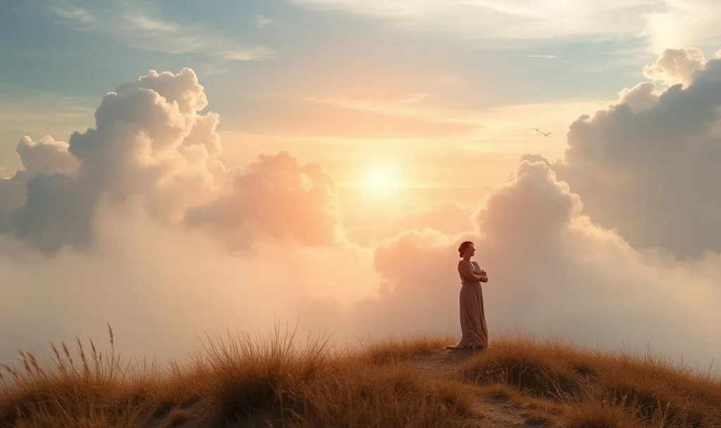 | Kind, Not Weak: The Power of Compassion with Boundaries Person standing on a grassy hill at sunrise with arms folded, surrounded by soft clouds and warm light, symbolizing strength, calm, and gentle resilience.