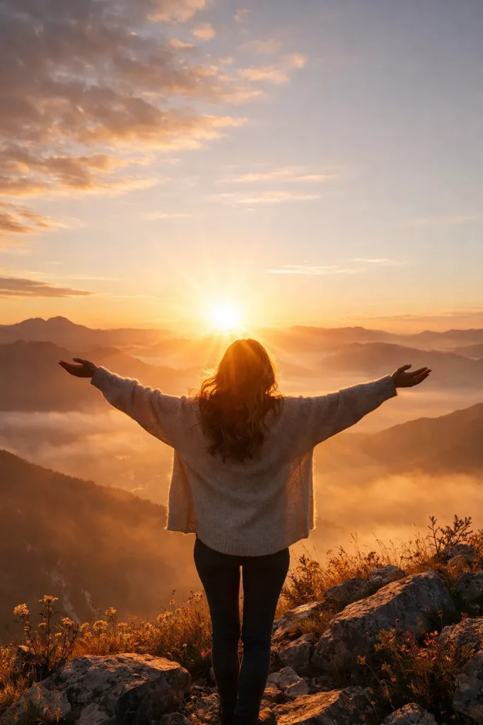 Person standing on a mountain at sunrise with arms open wide, facing glowing light over misty valleys, symbolizing surrender, freedom, and trust.