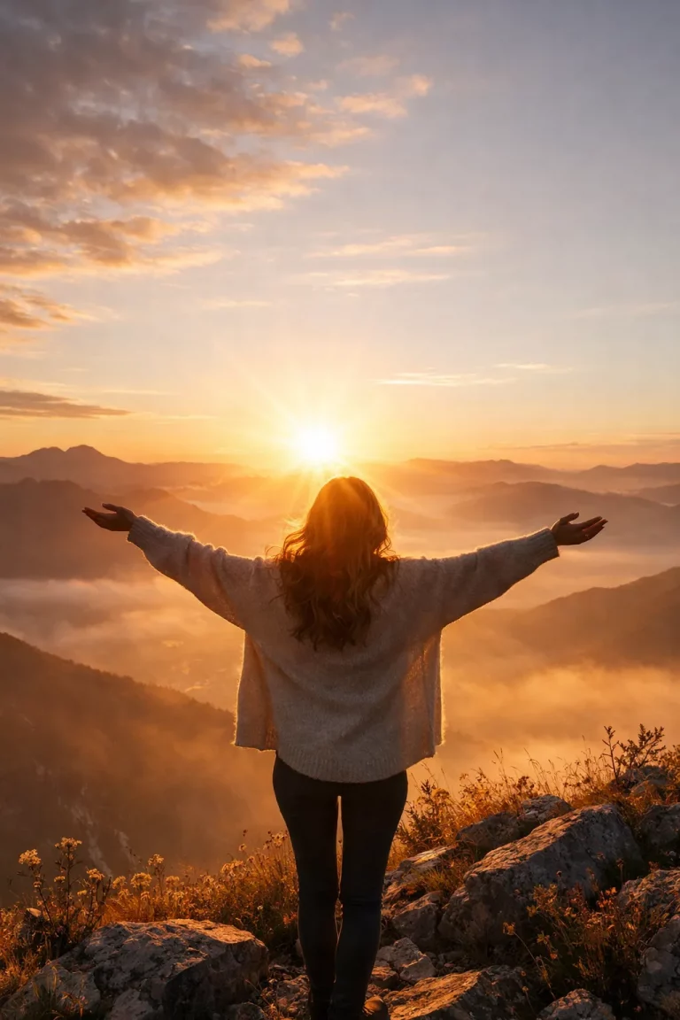 Person raising arms toward sunrise on mountain ridge