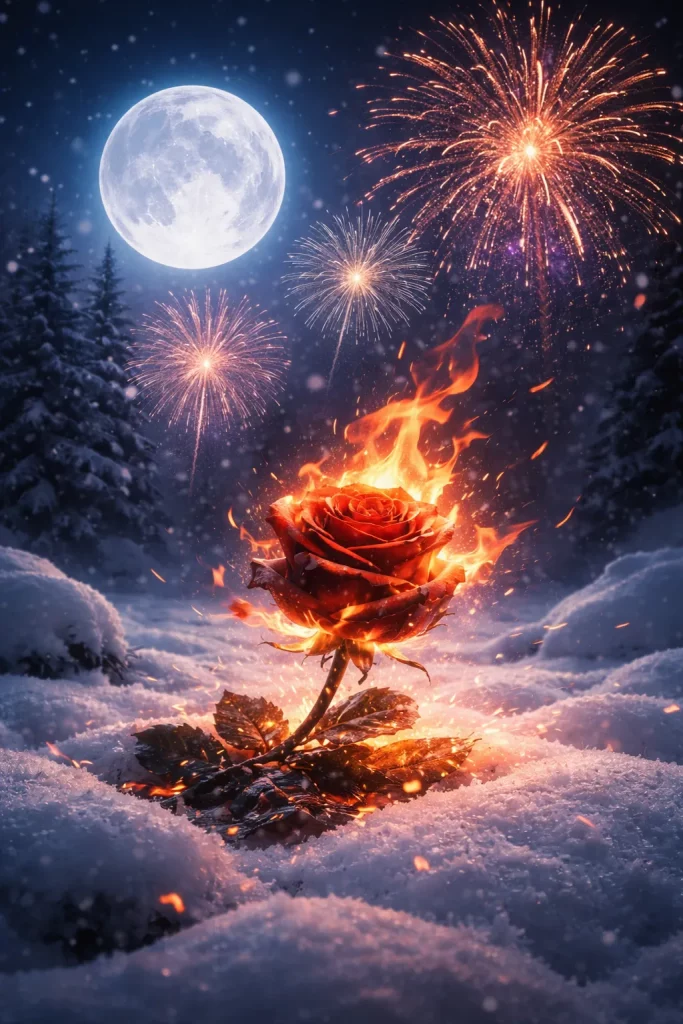 Fiery red rose burning in the snow beneath a full moon, with fireworks in the night sky and dark trees around, symbolizing resilience, beauty, and light in cold darkness.