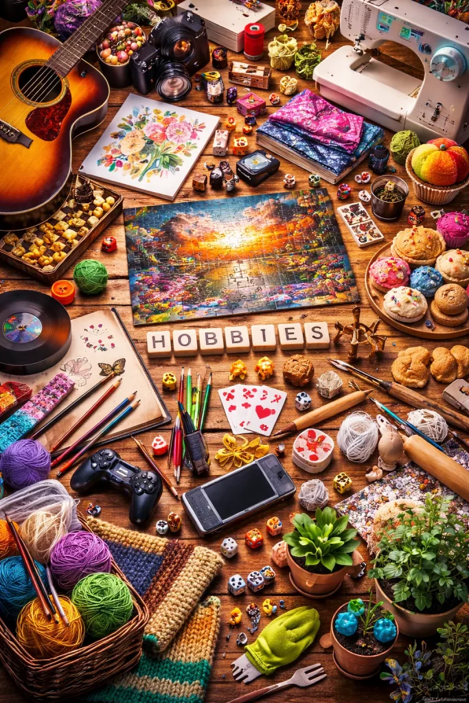 Colorful table covered in many hobbies and creative tools including yarn, knitting needles, painting supplies, camera, guitar, sewing machine, puzzles, cookies, dice, plants, and the word ‘Hobbies’ spelled in wooden letters, showing creative variety and exploration
