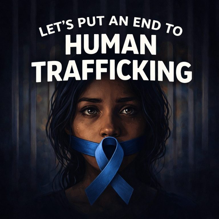 Awareness graphic advocating to end human trafficking with blue ribbon