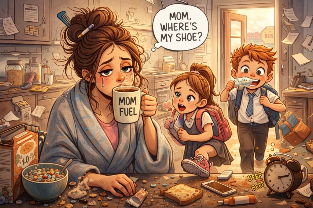Cartoon-style illustration of a tired mom in a messy kitchen holding a mug labeled ‘Mom Fuel’ while two kids rush around her, one asking ‘Mom, where’s my shoe?’ and the other eating, amid spilled cereal, toast, notes, and a ringing alarm clock, showing chaotic school-morning energy.
