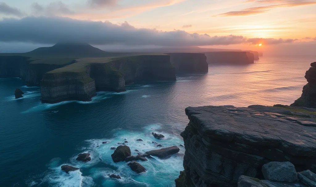 | On the Edge of Change Sunset over dramatic ocean cliffs with waves crashing below, soft clouds in the sky, and warm light on the horizon, showing a peaceful but powerful edge-of-the-world landscape.