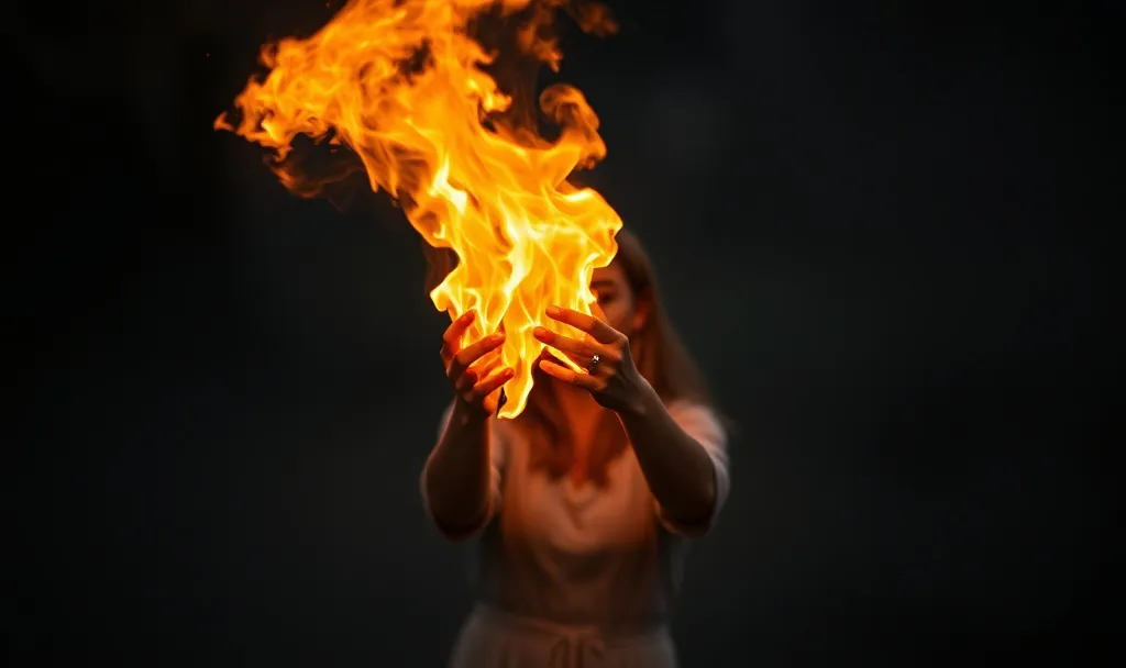 | The Vessel Person in soft light holding a bright flame in both hands against a dark background, symbolizing contained power, emotion, and inner fire.