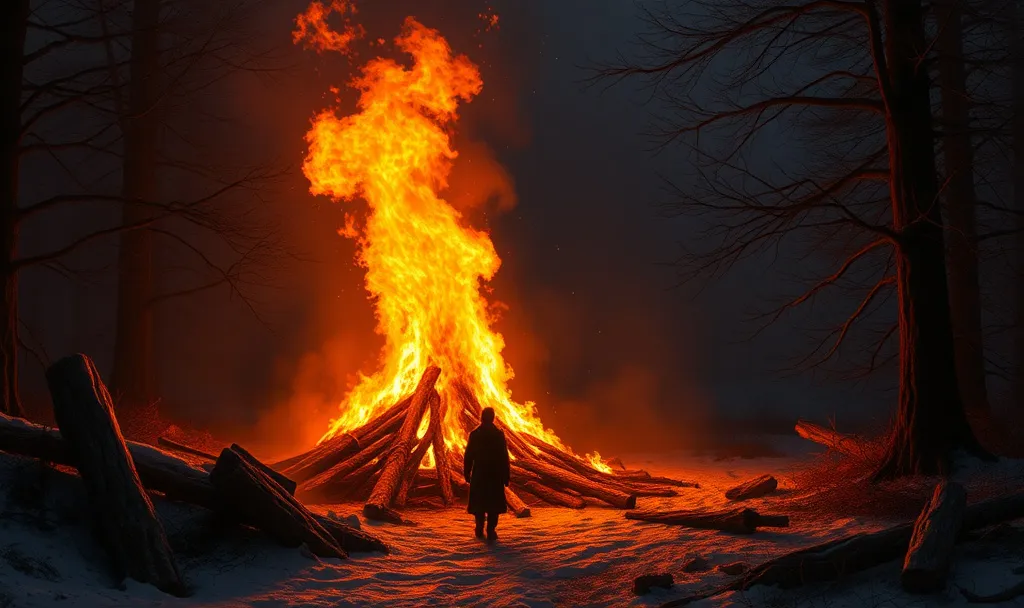 Person standing in front of a large blazing bonfire in a dark snowy forest, with tall flames lighting the night, symbolizing transformation, pain, and illumination.