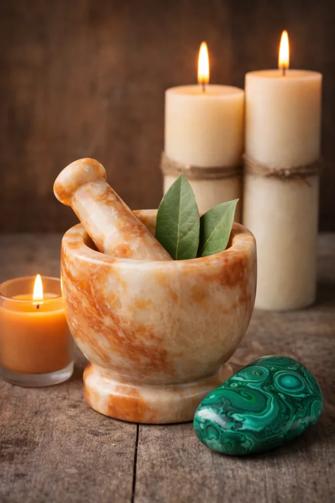 Stone mortar and pestle with green leaves inside, surrounded by lit candles and a polished green crystal on a wooden surface, creating a calm, healing atmosphere