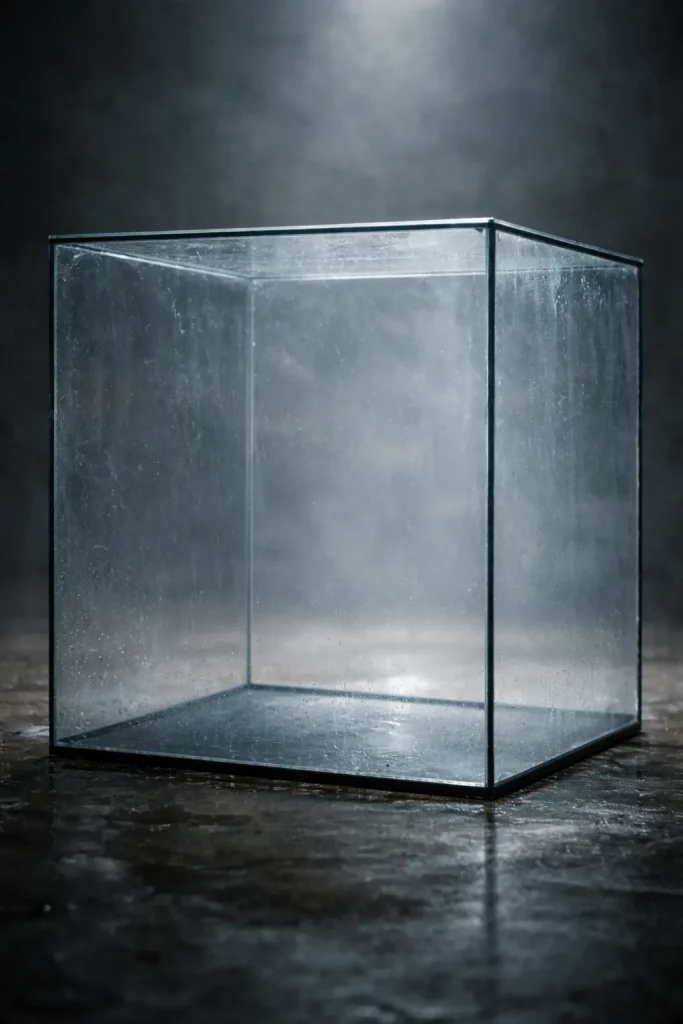 | Some Cages Don’t Have Locks Clear glass cube sitting on a dark surface with soft light and mist around it, creating a quiet, empty, and reflective atmosphere.