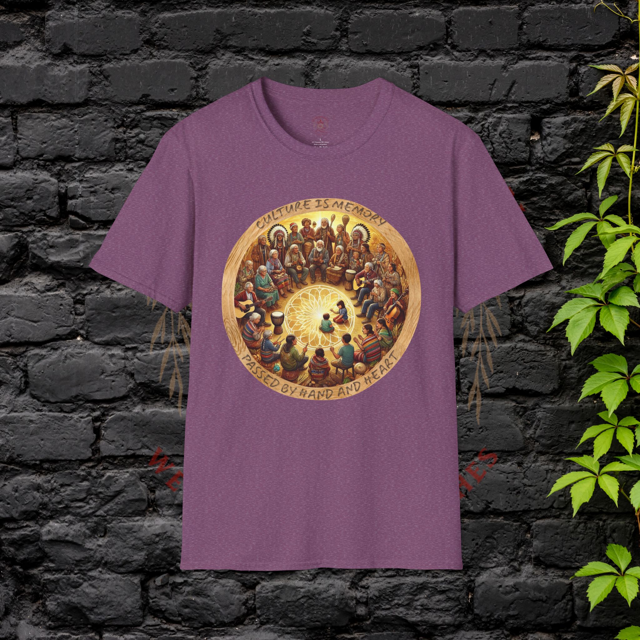 Hellbloom Haven | Cultural Identity Tee light purple t-shirt featuring circular artwork of people gathered together in unity with warm glowing tones
