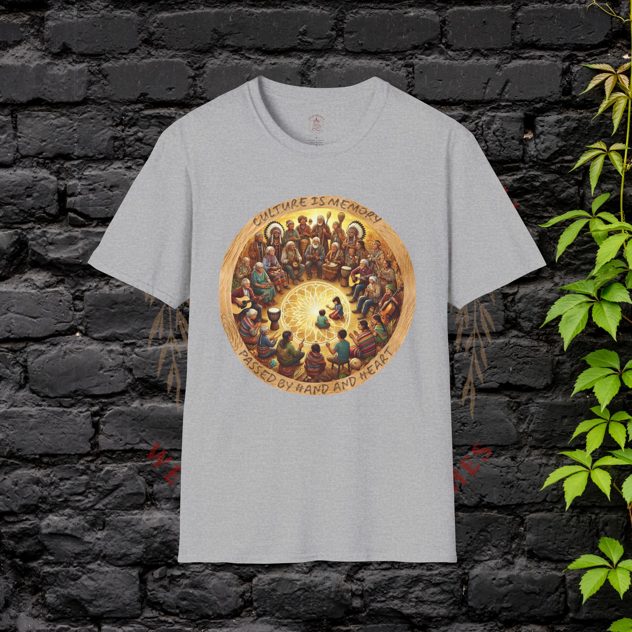 Hellbloom Haven | Cultural Identity Tee Grey t-shirt featuring circular artwork of people gathered together in unity with warm glowing tones