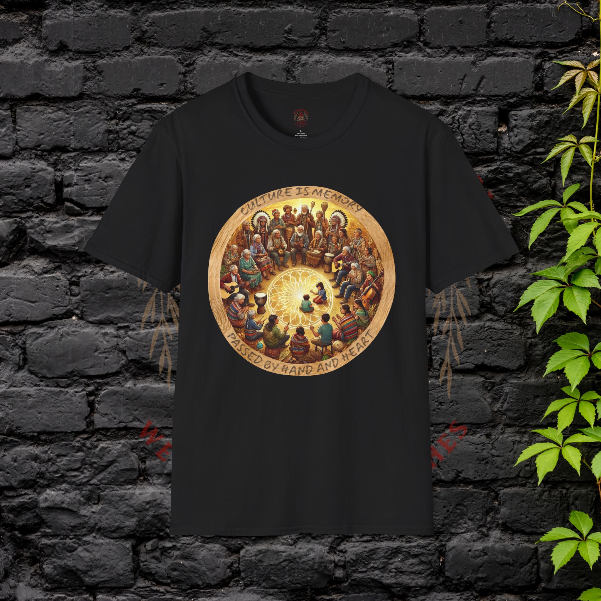 Hellbloom Haven | Cultural Identity Tee Black t-shirt featuring circular artwork of people gathered together in unity with warm glowing tones
