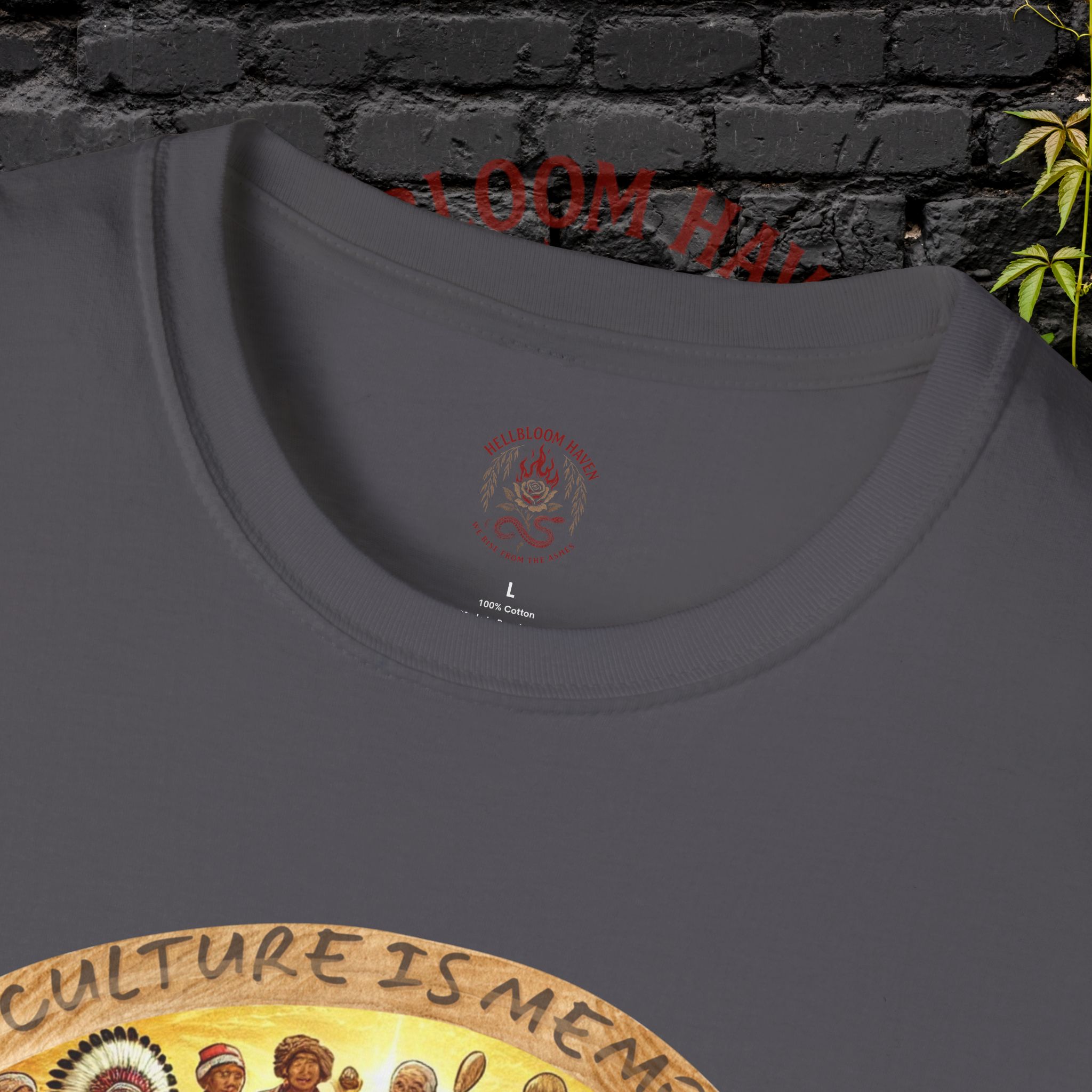 Hellbloom Haven | Cultural Identity Tee Forest green t-shirt featuring circular artwork of people gathered together in unity with warm glowing tones