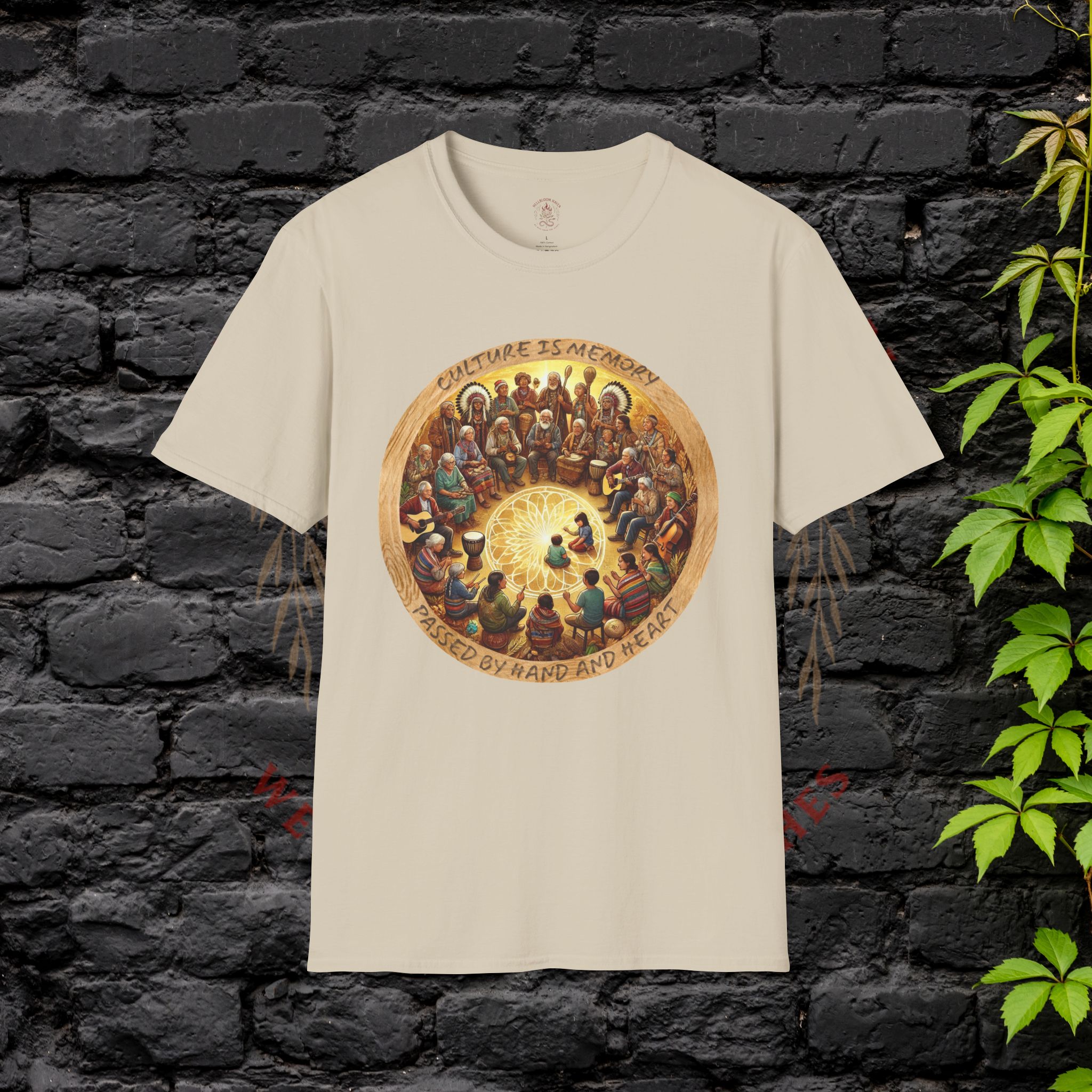 Hellbloom Haven | Cultural Identity Tee Grey t-shirt featuring circular artwork of people gathered together in unity with warm glowing tones