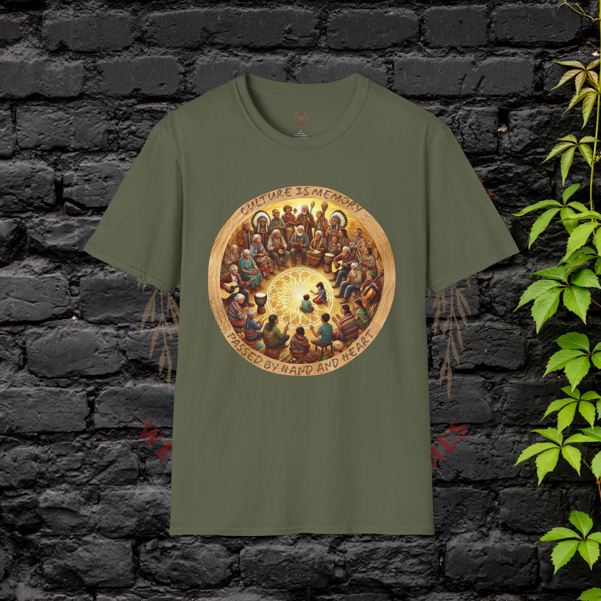 Hellbloom Haven | Cultural Identity Tee Olive green t-shirt featuring circular artwork of people gathered together in unity with warm glowing tones
