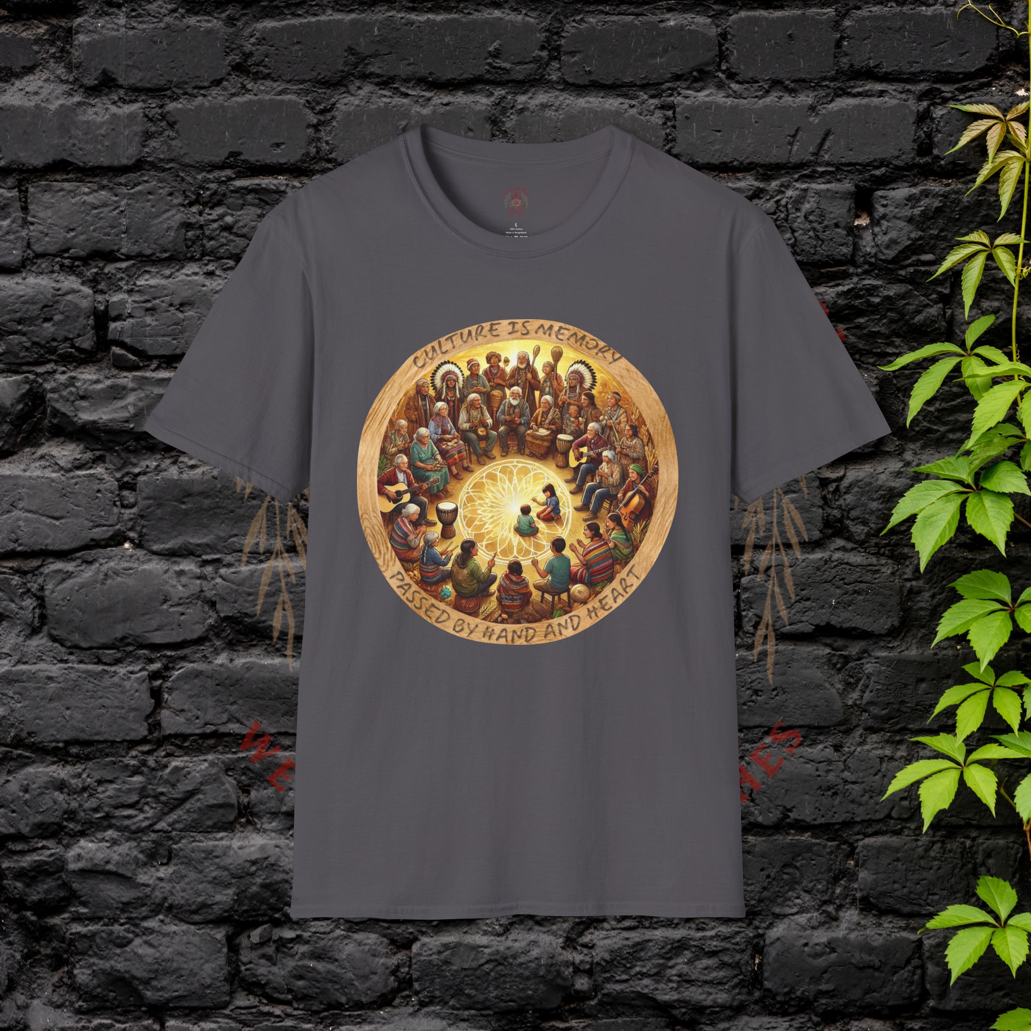 Hellbloom Haven | Cultural Identity Tee Charcoal gray t-shirt featuring circular artwork of people gathered together in unity with warm glowing tones
