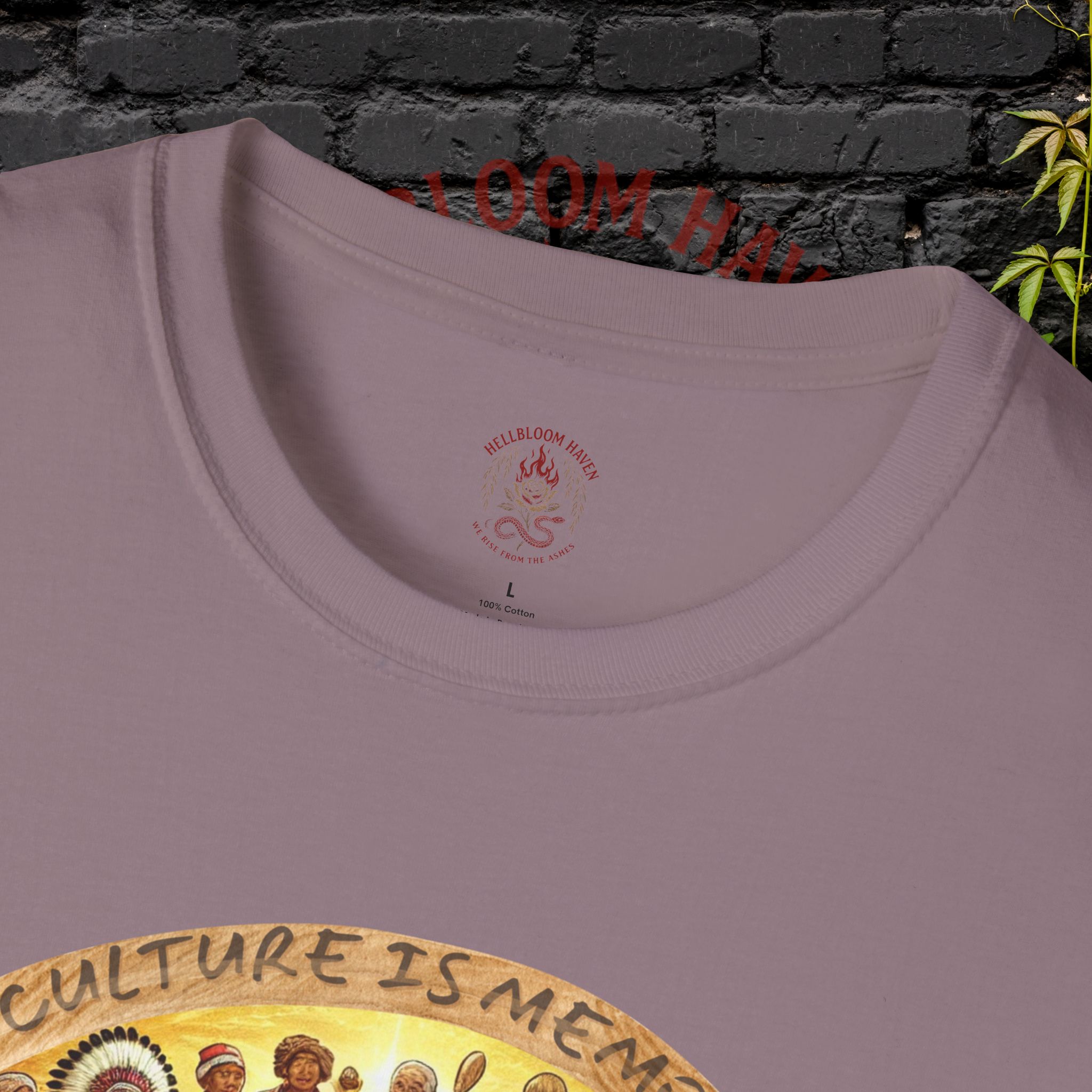 Hellbloom Haven | Cultural Identity Tee light purple t-shirt featuring circular artwork of people gathered together in unity with warm glowing tones