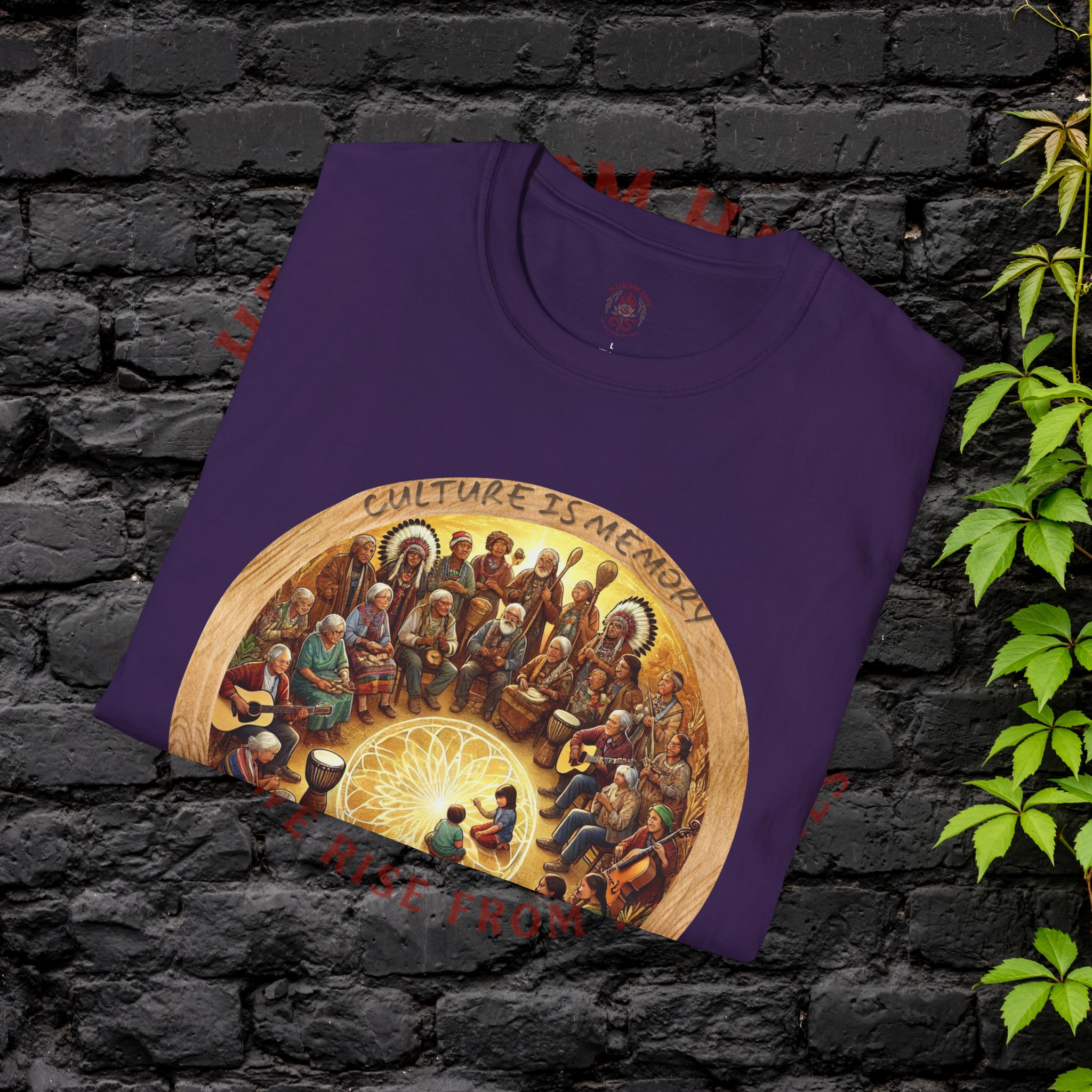 Hellbloom Haven | Cultural Identity Tee purple t-shirt featuring circular artwork of people gathered together in unity with warm glowing tones