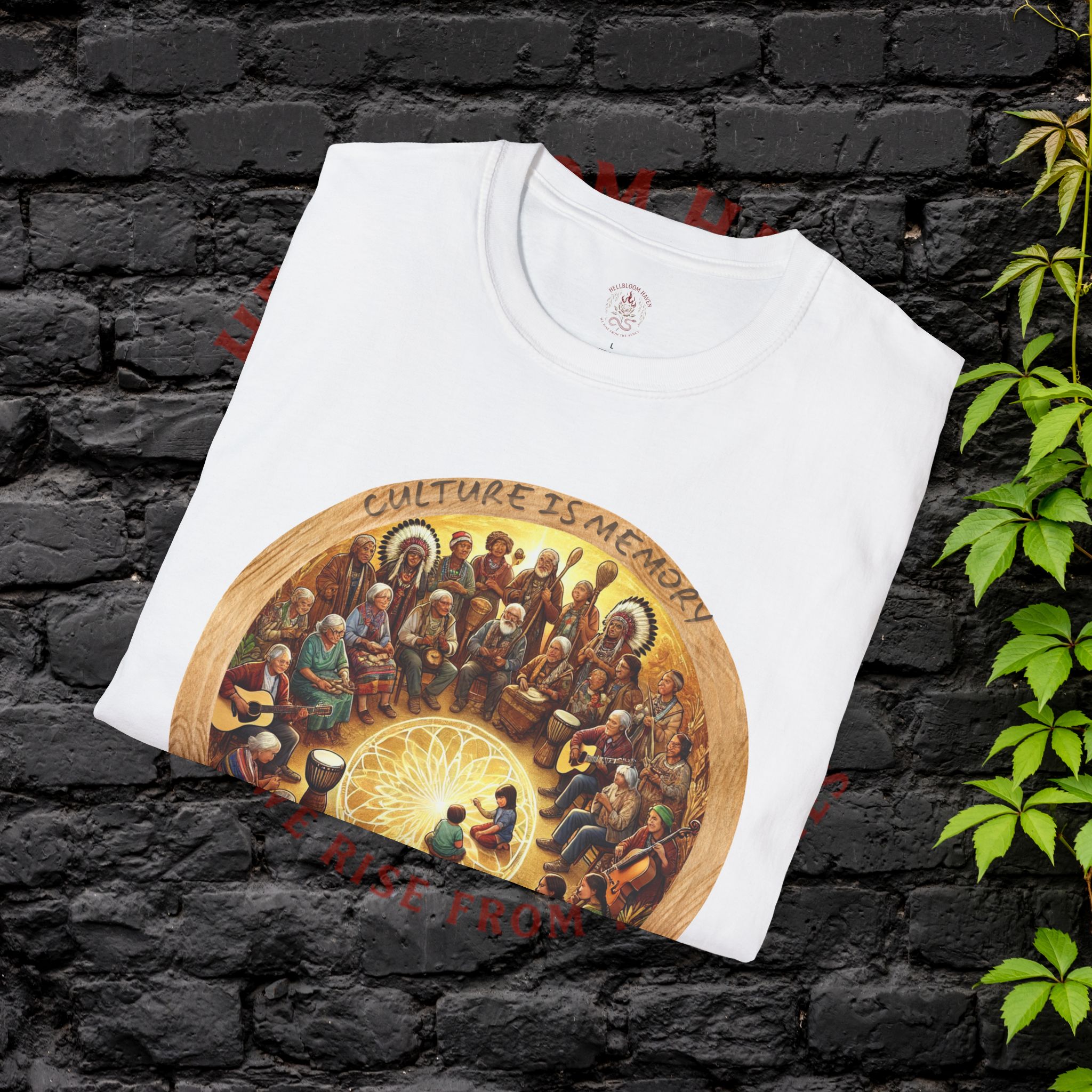 Hellbloom Haven | Cultural Identity Tee Angled mockup of unity circle artwork on white t-shirt