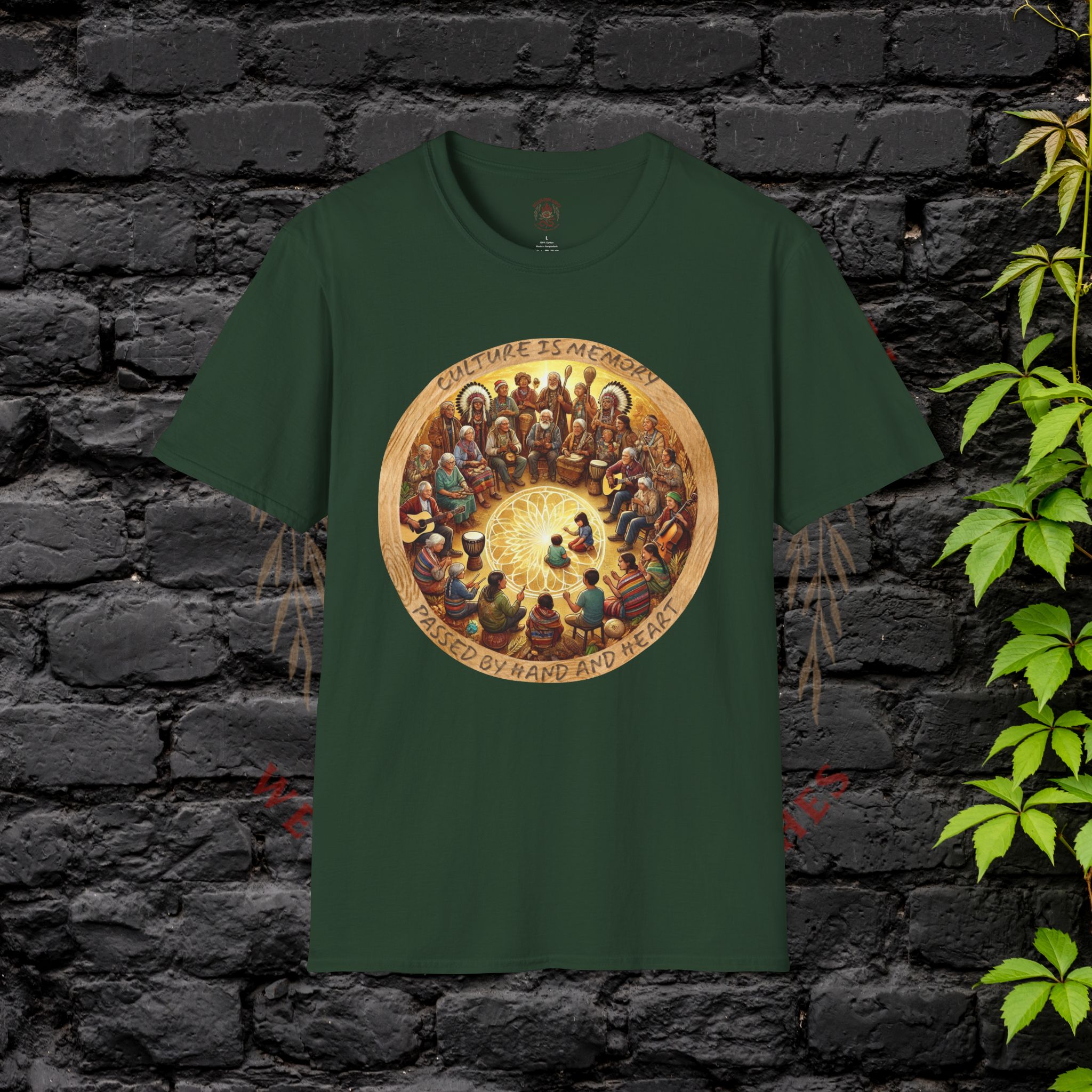Hellbloom Haven | Cultural Identity Tee Forest green t-shirt featuring circular artwork of people gathered together in unity with warm glowing tones