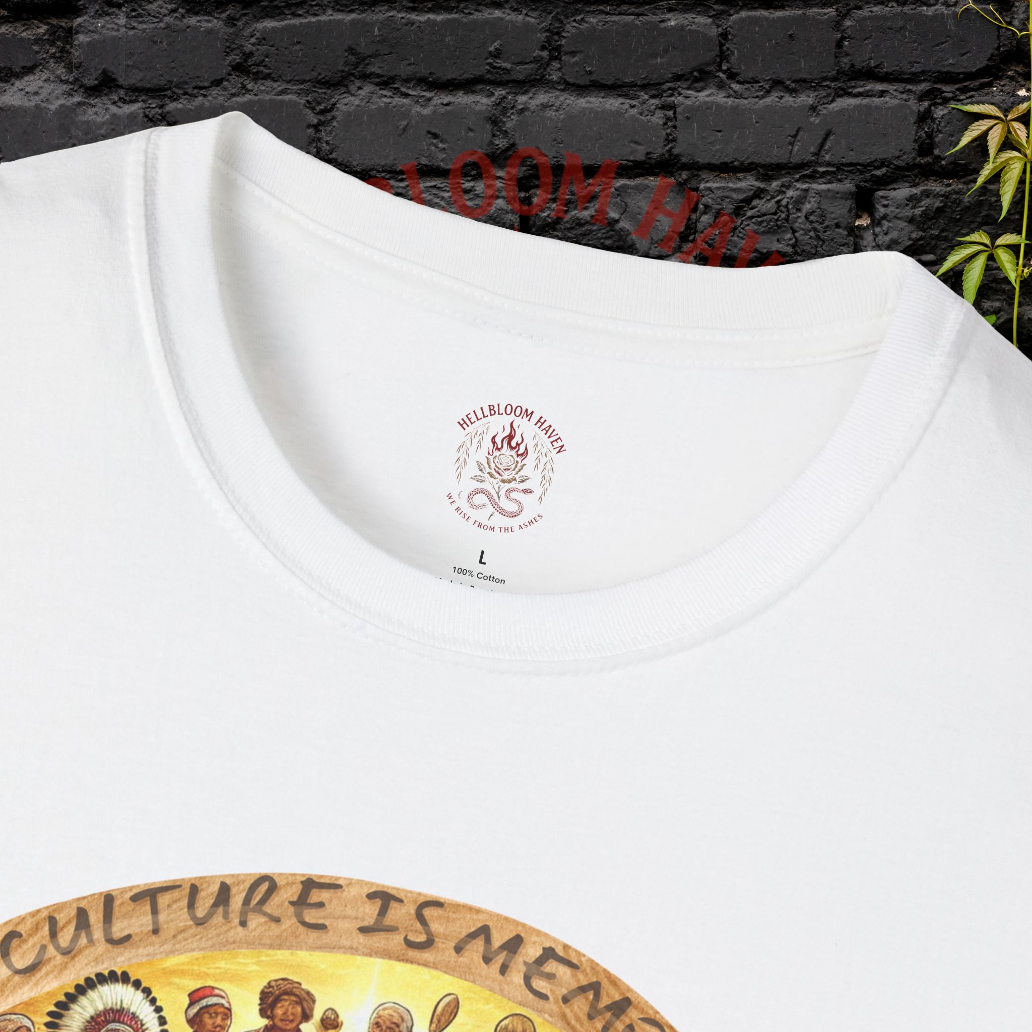 Hellbloom Haven | Cultural Identity Tee White t-shirt collar close-up mockup showing fabric detail
