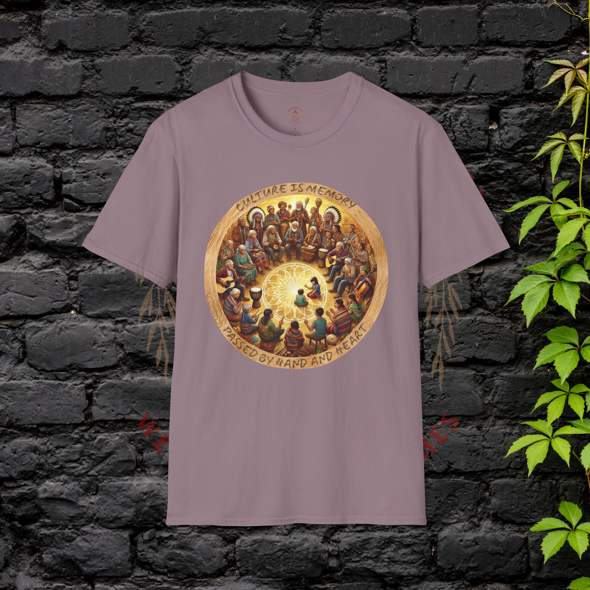 Hellbloom Haven | Cultural Identity Tee light purple t-shirt featuring circular artwork of people gathered together in unity with warm glowing tones