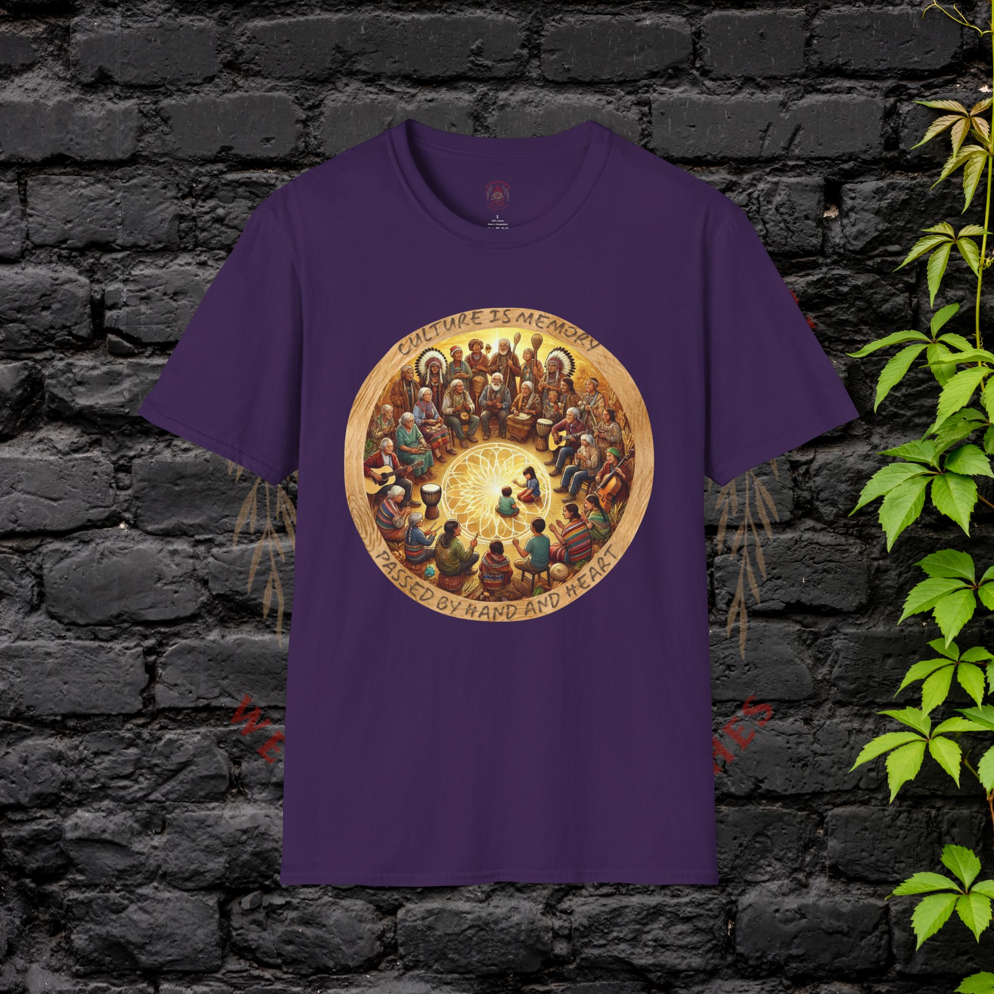 Hellbloom Haven | Cultural Identity Tee purple t-shirt featuring circular artwork of people gathered together in unity with warm glowing tones