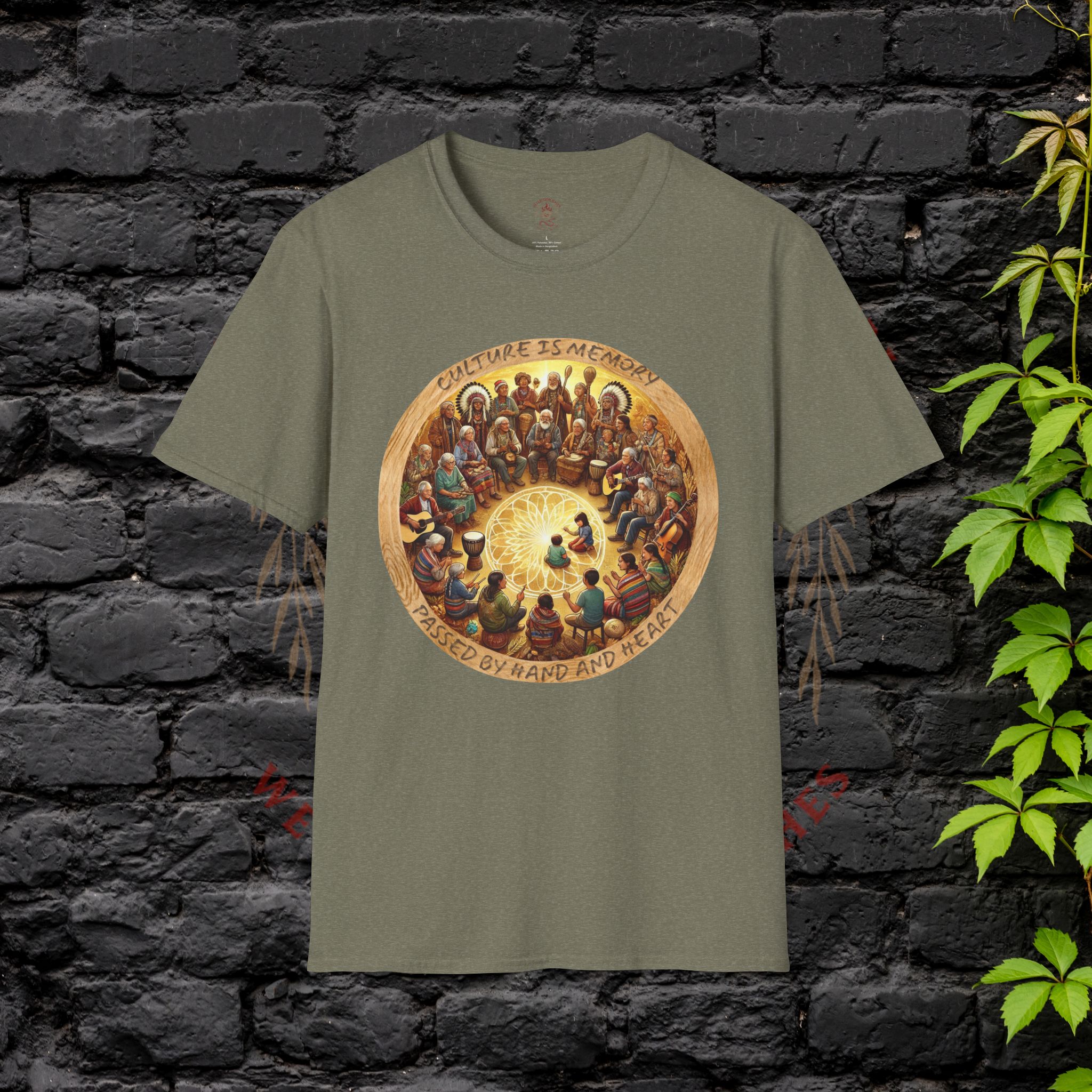 Hellbloom Haven | Cultural Identity Tee Sage green t-shirt featuring circular artwork of people gathered together in unity with warm glowing tones