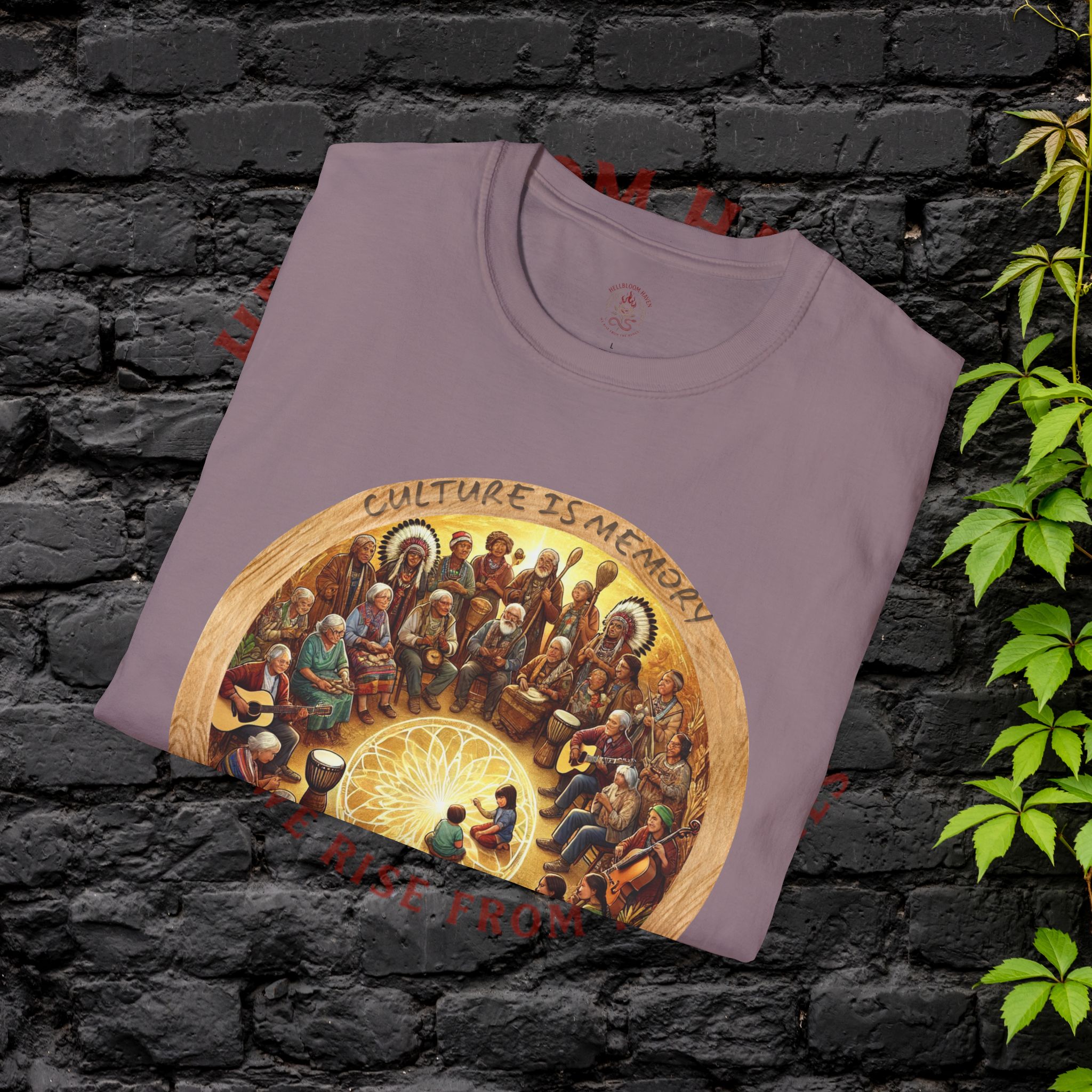 Hellbloom Haven | Cultural Identity Tee light purple t-shirt featuring circular artwork of people gathered together in unity with warm glowing tones