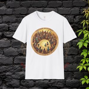 White t-shirt featuring circular artwork of people gathered together in unity with warm glowing tones