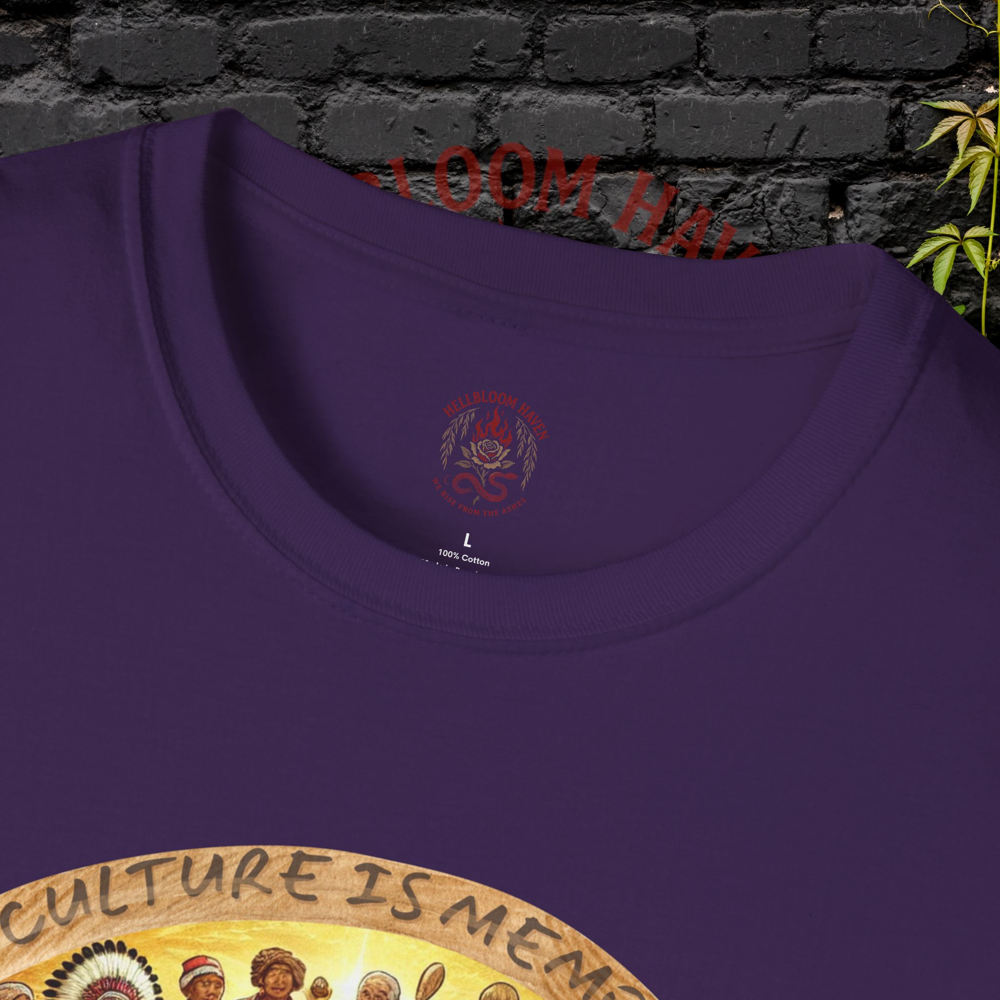 Hellbloom Haven | Cultural Identity Tee purple t-shirt featuring circular artwork of people gathered together in unity with warm glowing tones