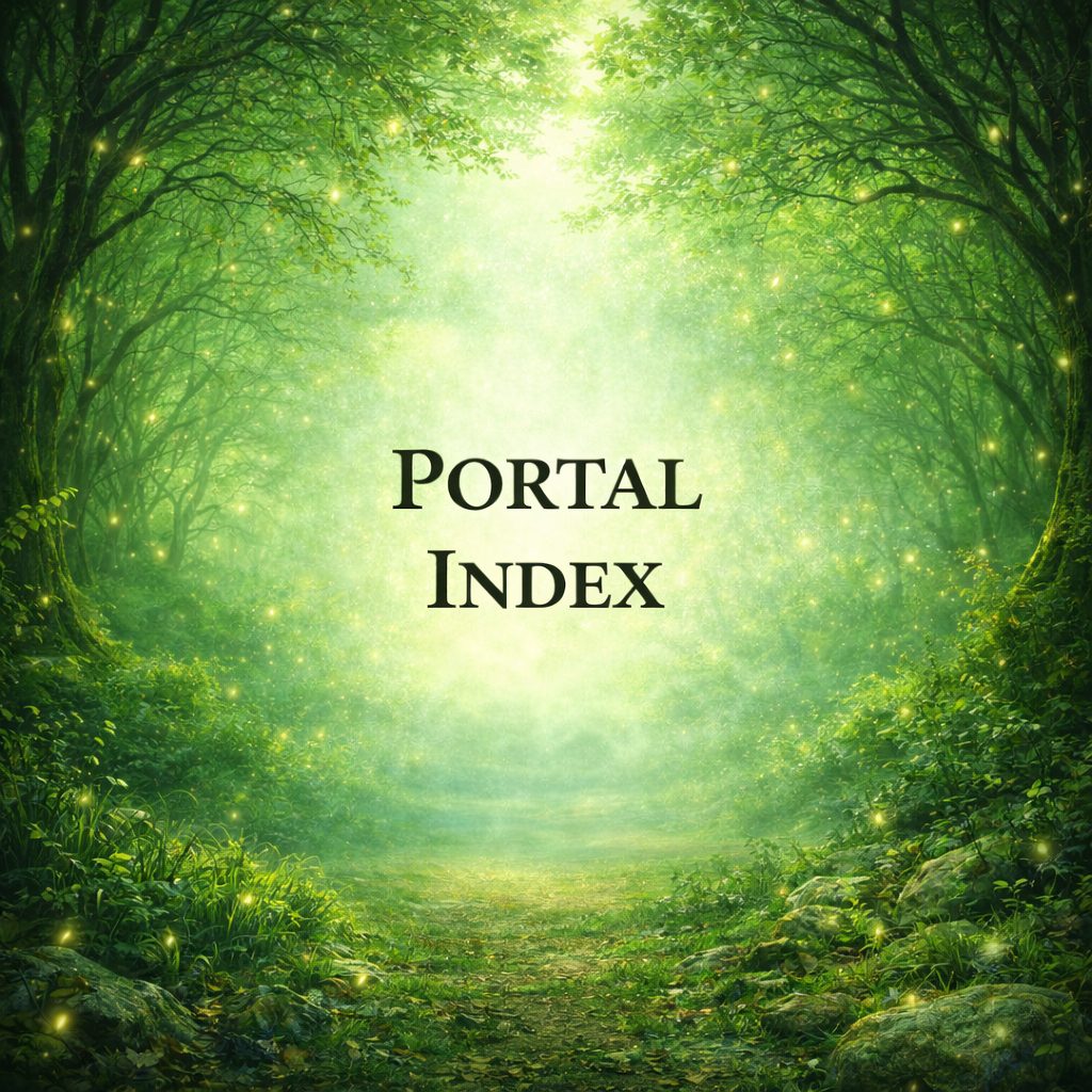 A square, serene forest pathway scene designed as a UI button background, featuring lush vibrant green foliage and a softly glowing light at the center creating a clear space for text. The path is centered and framed symmetrically by arching trees, with moss-covered ground, subtle rocks, and delicate plants along the edges. Warm golden-green light beams filter through the leaves, with small glowing firefly-like particles floating gently in the air. In the center, the text "PORTAL INDEX" appears in uppercase, using a vintage, slightly distressed serif font similar to an old storybook style, with white lettering, a bold black outline, and a subtle soft glow to match the trauma portal aesthetic. The text is centered and highly readable against the glowing background. Dreamy, slightly mystical, high detail digital painting, soft contrast.