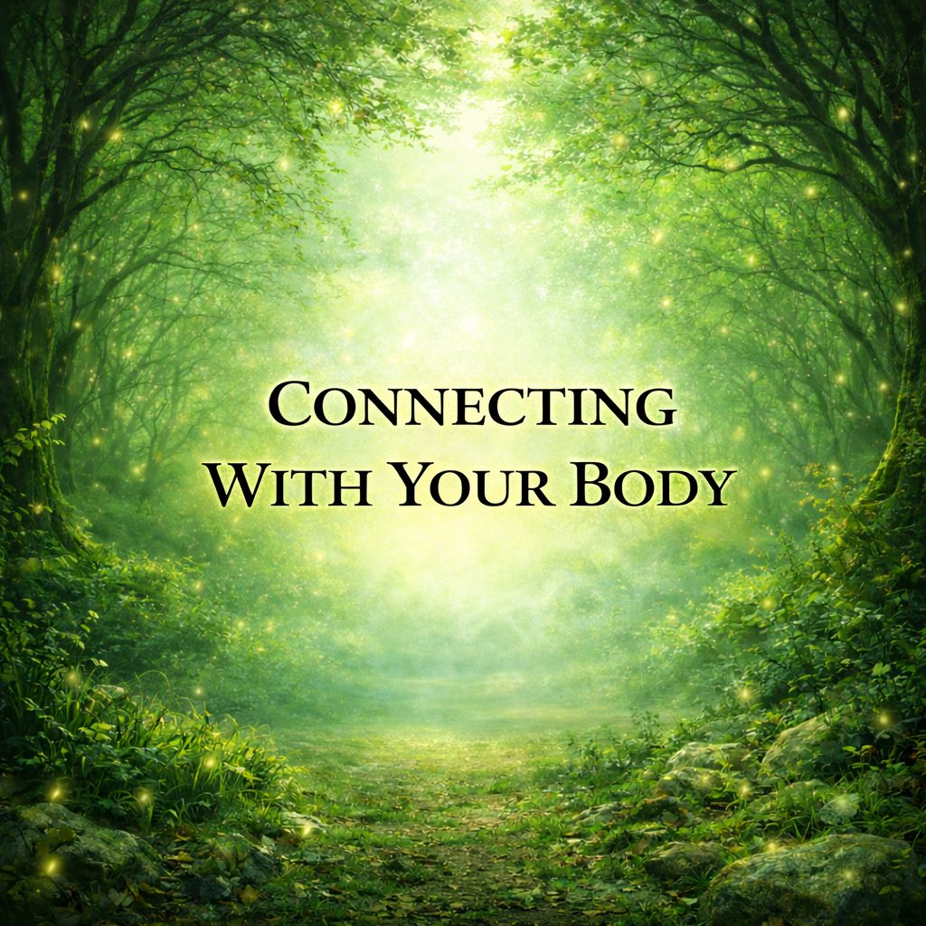 Use the exact provided forest background image with no changes to composition, lighting, or colors. Overlay centered text that reads "CONNECTING WITH YOUR BODY" in uppercase. Use a vintage, slightly distressed serif font matching the trauma portal style, with white lettering, a bold black outline, and a subtle soft glow for readability. Ensure the text is centered both vertically and horizontally within the glowing light area, maintaining high contrast and clarity while preserving the dreamy, mystical forest aesthetic.