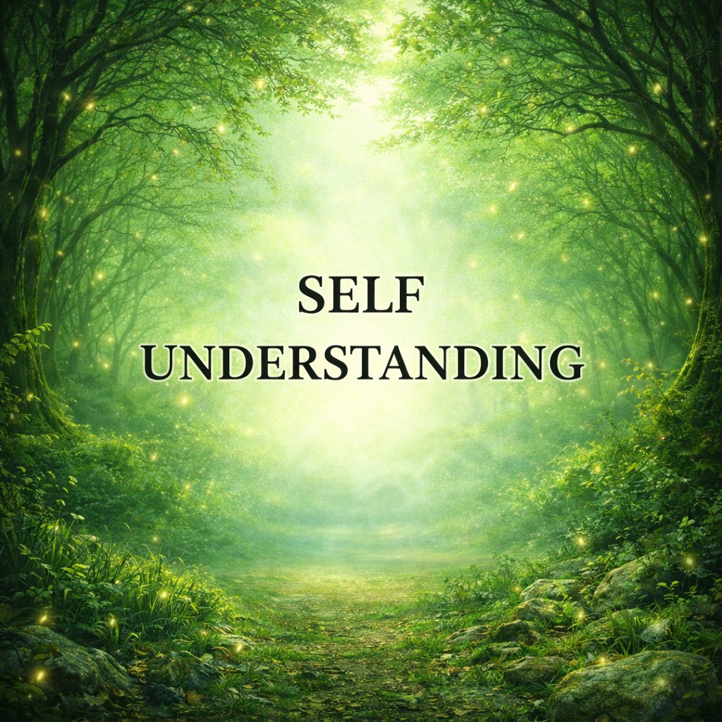 Green grass, trees, and forest path with Self Understanding text