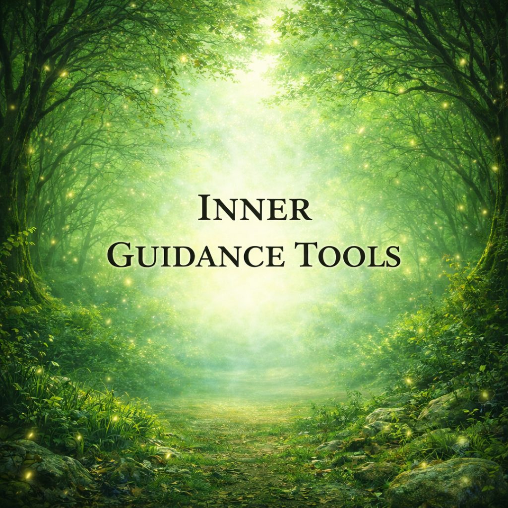 A round, serene forest pathway scene designed as a UI button background, featuring lush vibrant green foliage and a softly glowing light at the center creating a clear space for text. The path is centered and framed symmetrically by arching trees, with moss-covered ground, subtle rocks, and delicate plants along the edges. Warm golden-green light beams filter through the leaves, with small glowing firefly-like particles floating gently in the air. In the center, the text "INNER GUIDANCE TOOLS" appears in uppercase, using a vintage, slightly distressed serif font similar to an old storybook style, with white lettering, a bold black outline, and a subtle soft glow to match the trauma portal aesthetic. The text is centered and highly readable against the glowing background. Dreamy, slightly mystical, high detail digital painting, soft contrast.