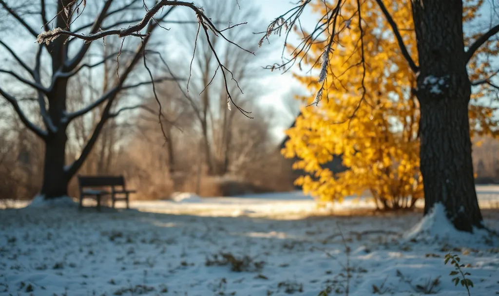 Snowy landscape with autumn trees.